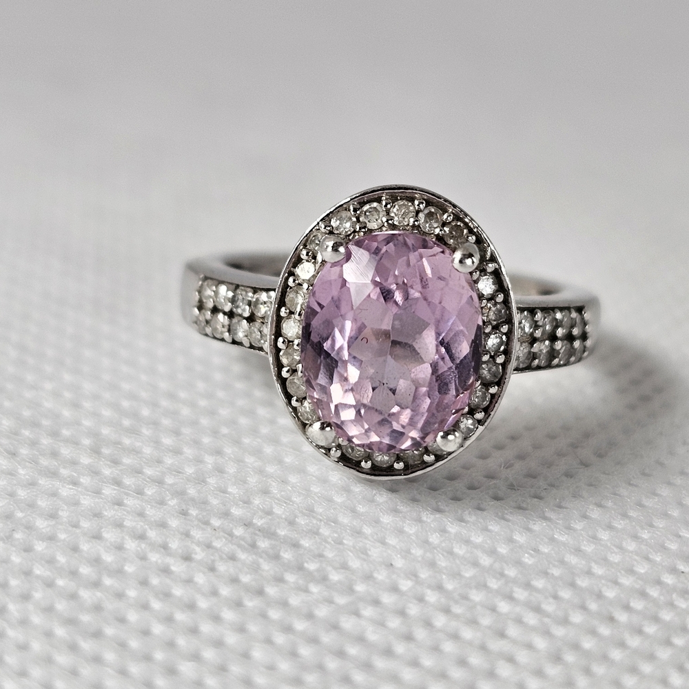 Natural Pink Kunzite & Diamond Ring in Platinum Over Sterling Silver Sz 7! - Picture 7 of 9